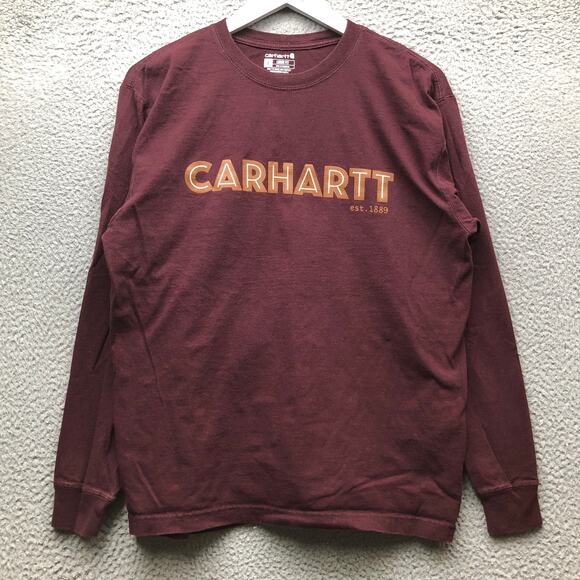 Carhartt T-Shirt Men Small Long Sleeve Loose Fit Crew Neck Maroon 105422 PRT - Picture 1 of 8